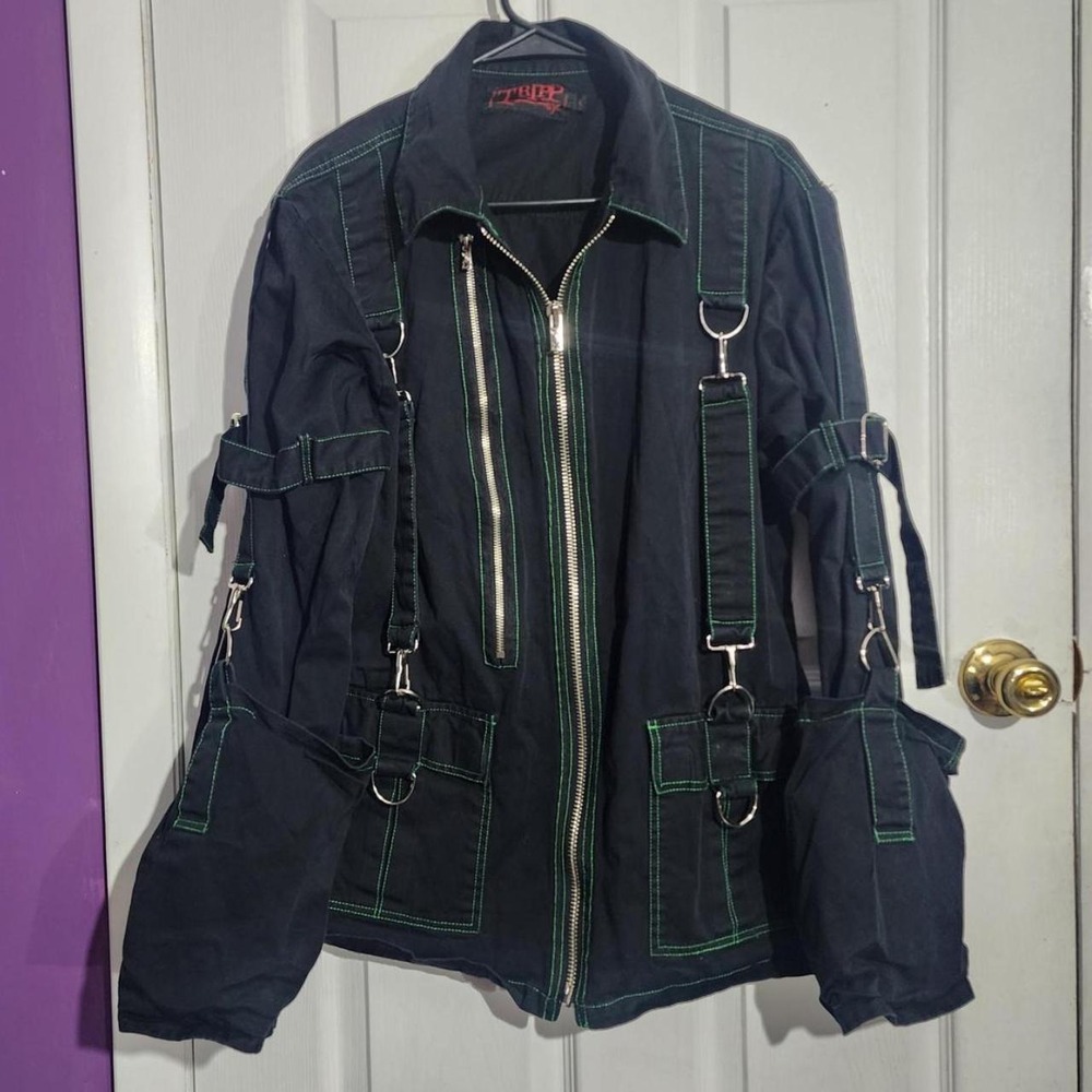 Vintage 90s Tripp NYC Black Green Stitch Bondage Strap Jacket